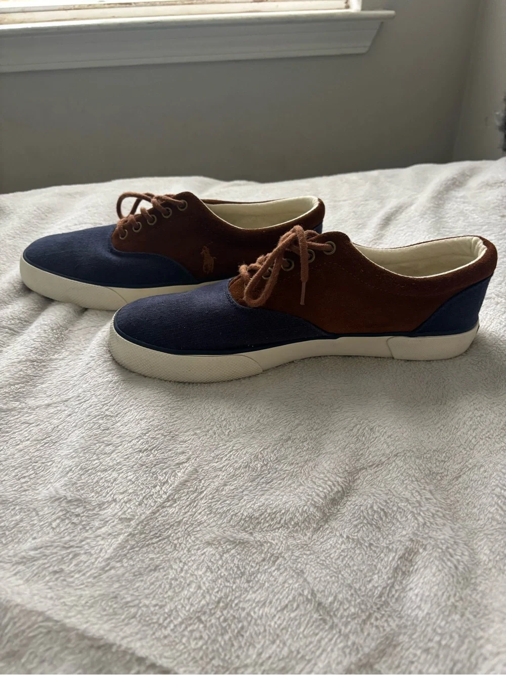 Ralph Lauren Men Two-Tone Navy and Brown Canvas Boat Shoes Size 9.5